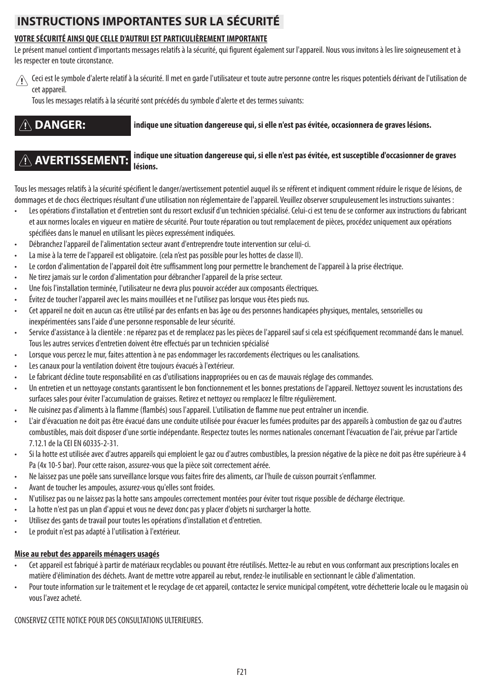 Instructions importantes sur la sécurité, Avertissement: danger | BAUKNECHT DST 6460 ES User Manual | Page 23 / 84