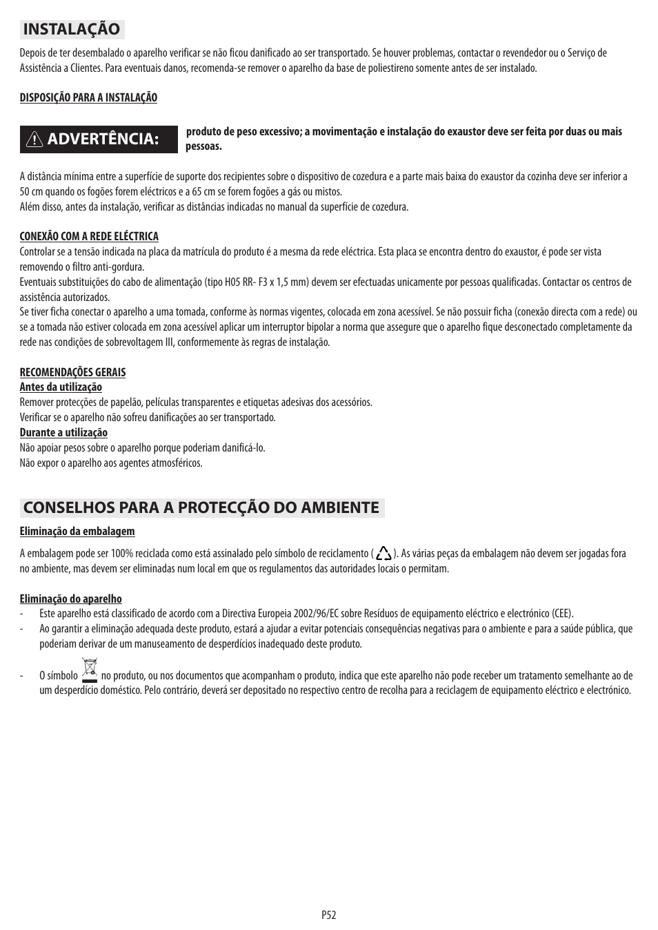 Advertência, Instalação conselhos para a protecção do ambiente | BAUKNECHT DST 6460 ES User Manual | Page 54 / 84