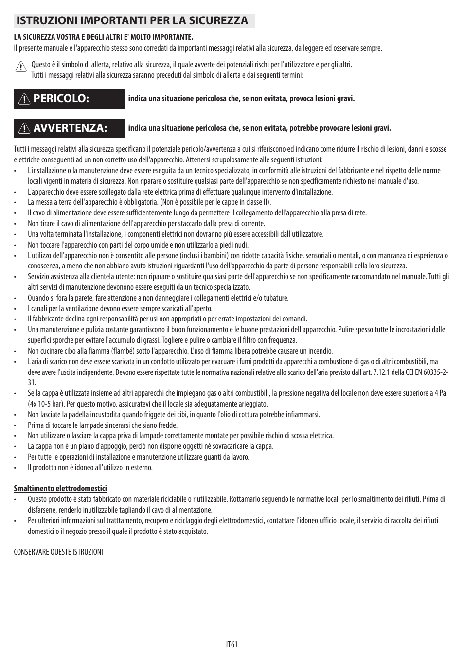 Istruzioni importanti per la sicurezza, Avvertenza: pericolo | BAUKNECHT DST 6460 ES User Manual | Page 63 / 84