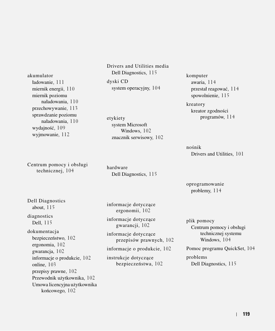 Skorowidz | Dell Latitude D630c User Manual | Page 119 / 168