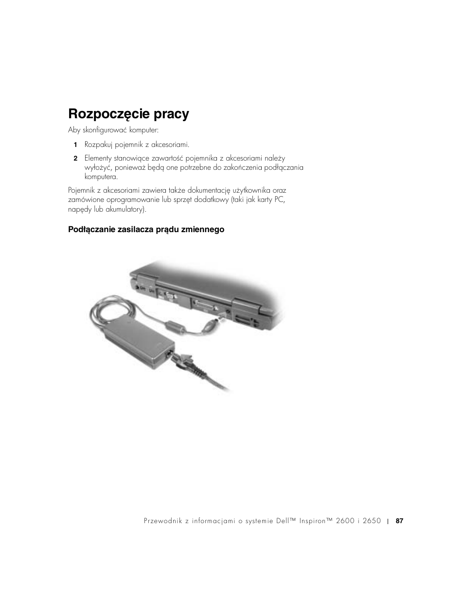 Rozpoczęcie pracy, Podłączanie zasilacza prądu zmiennego, Podłéczanie zasilacza prédu zmiennego | Dell INSPIRON 2600 User Manual | Page 89 / 168