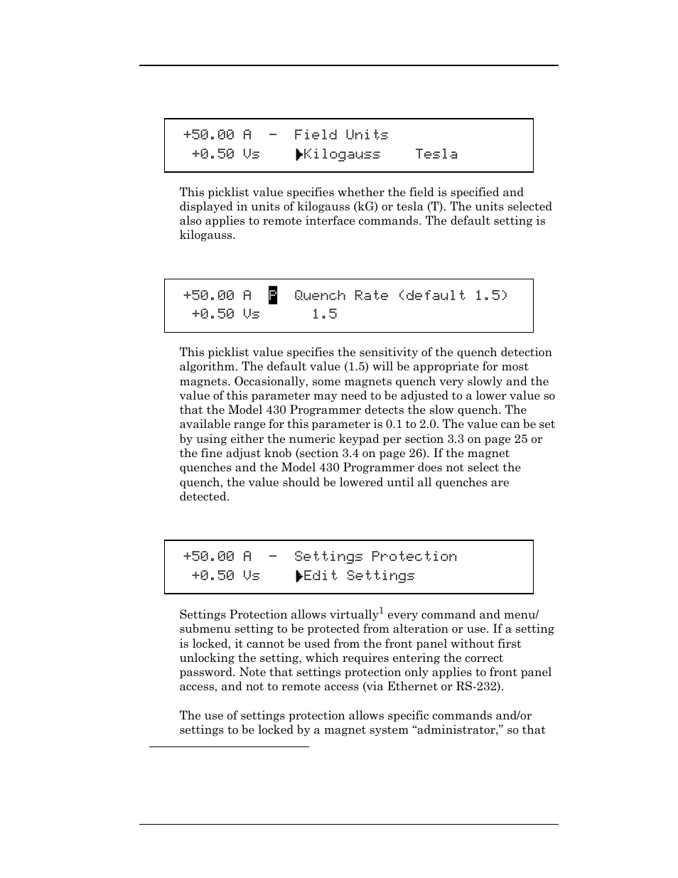 4 field units, 5 quench rate, 6 settings protection | Operation | American Magnetics 4Q06125PS-430 Integrated Power Supply System User Manual | Page 78 / 216