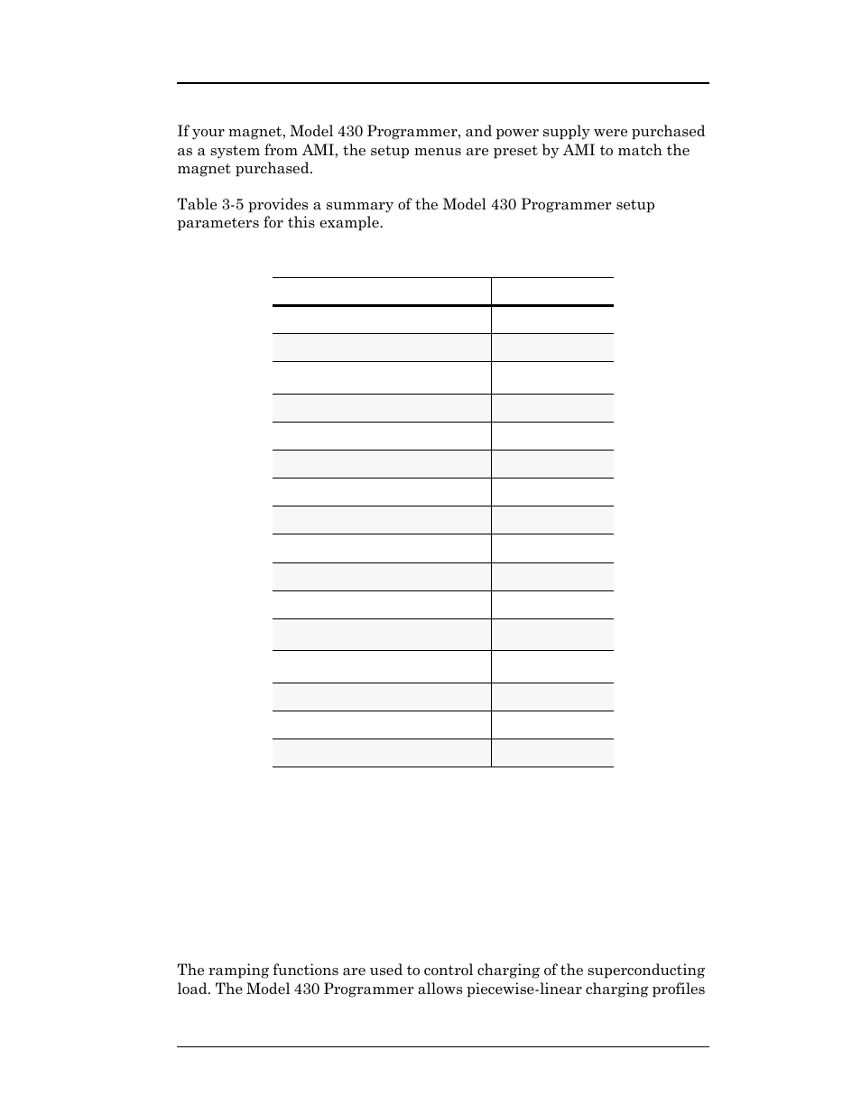 Table 3-5. example setup configuration, 12 ramping functions, Table 3-5 | Example setup configuration, Section 3.12 on, Operation | American Magnetics 4Q06125PS-430 Integrated Power Supply System User Manual | Page 92 / 216