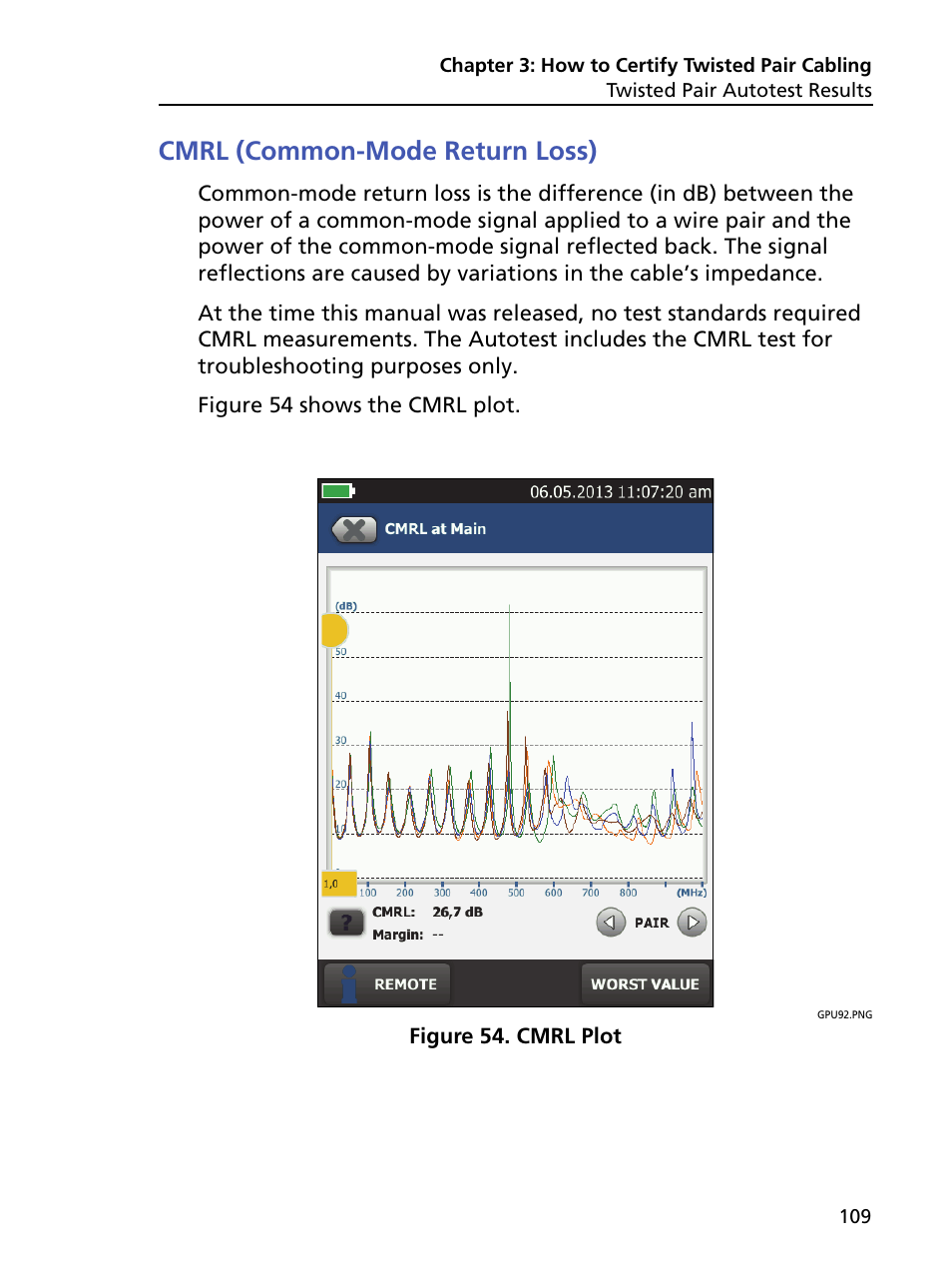 Cmrl (common-mode return loss), Cmrl plot | Fluke Networks CertiFiber Pro Users Manual User Manual | Page 131 / 440