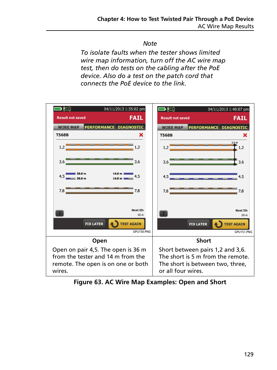 Ac wire map examples: open and short | Fluke Networks CertiFiber Pro Users Manual User Manual | Page 151 / 440