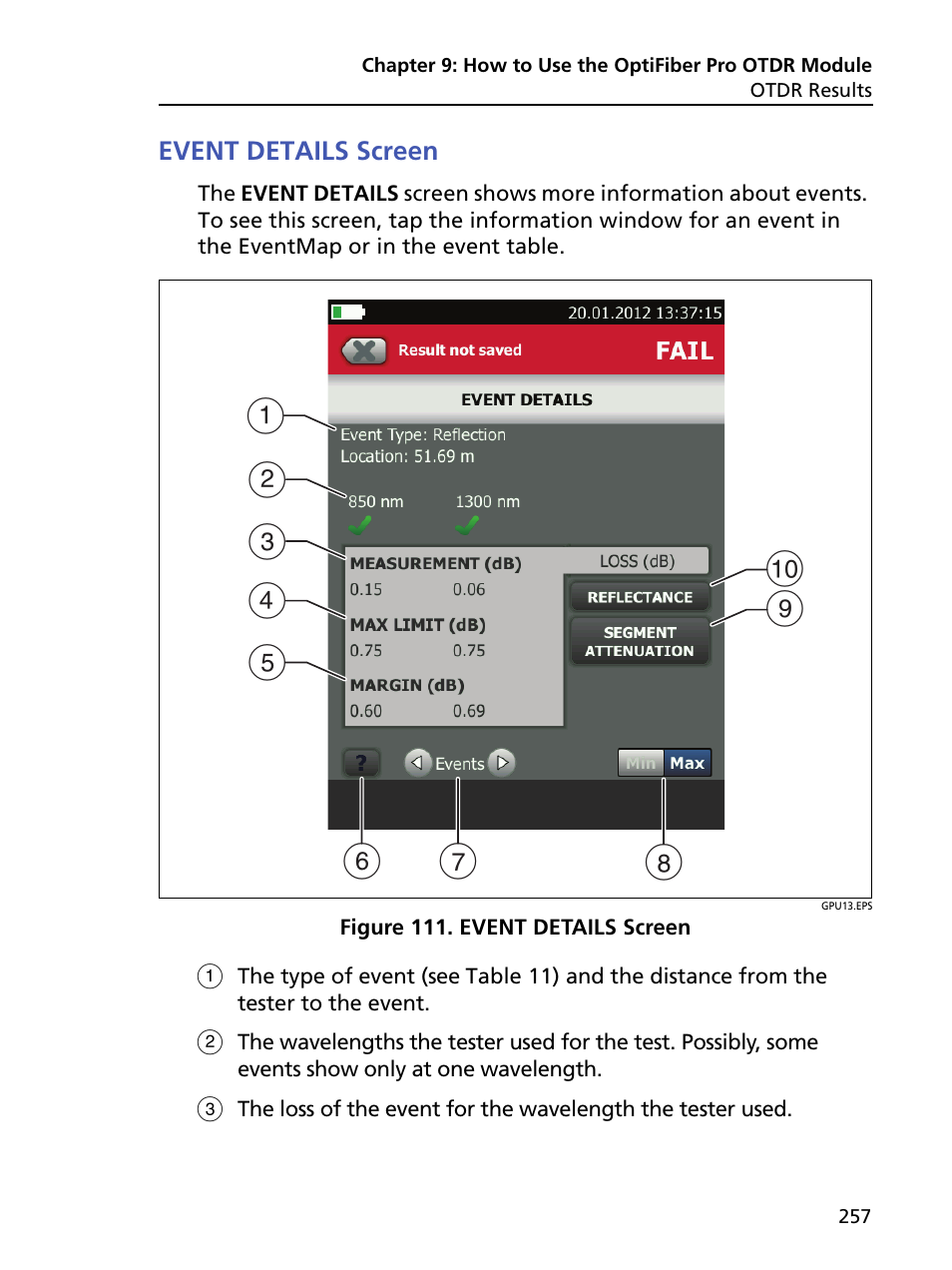 Event details screen | Fluke Networks CertiFiber Pro Users Manual User Manual | Page 279 / 440