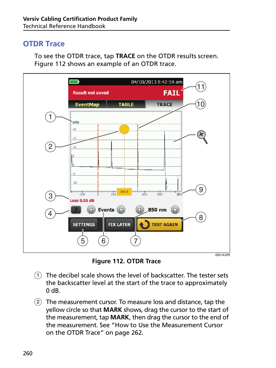 Otdr trace | Fluke Networks CertiFiber Pro Users Manual User Manual | Page 282 / 440
