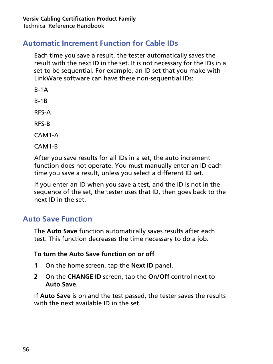 Automatic increment function for cable ids, Auto save function | Fluke Networks CertiFiber Pro Users Manual User Manual | Page 78 / 440