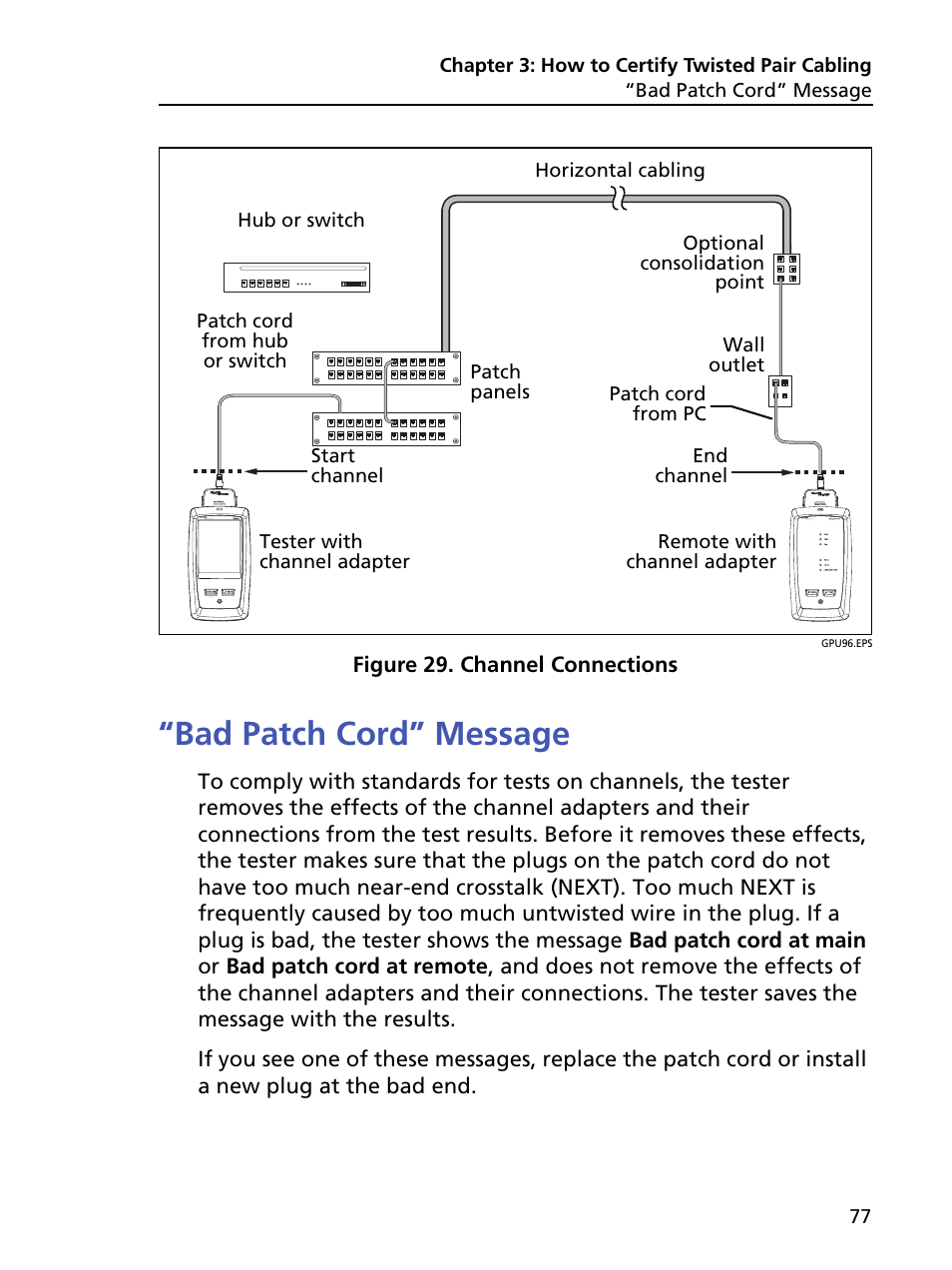 Bad patch cord” message, Channel connections | Fluke Networks CertiFiber Pro Users Manual User Manual | Page 99 / 440