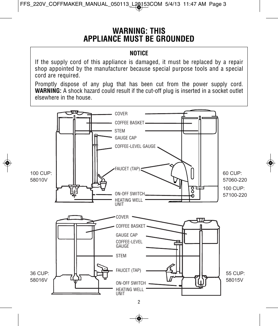 Warning: this appliance must be grounded | Focus Foodservice West Bend Commercial Stainless Steel Coffeemakers - [57000-220 Series] - Use & Care de User Manual | Page 3 / 36