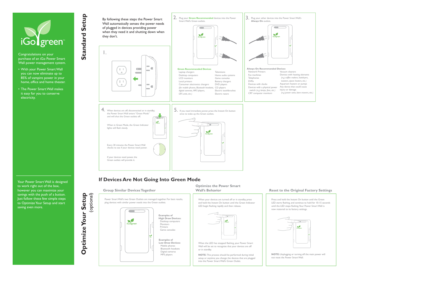 Igo green, Standar d setup optimiz e y our setup, If devices are not going into green mode | Optional) | iGo pm000120004 Power Smart Wall User Manual | Page 2 / 2