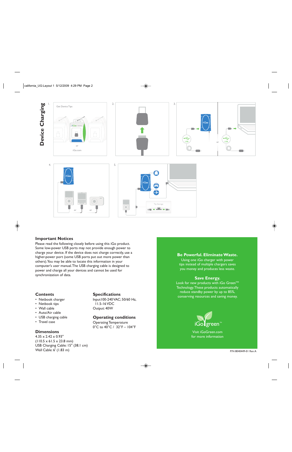 Igo green, De vice charging | iGo ps001280004 Netbook Travel Charger for Wall and Car User Manual | Page 2 / 2