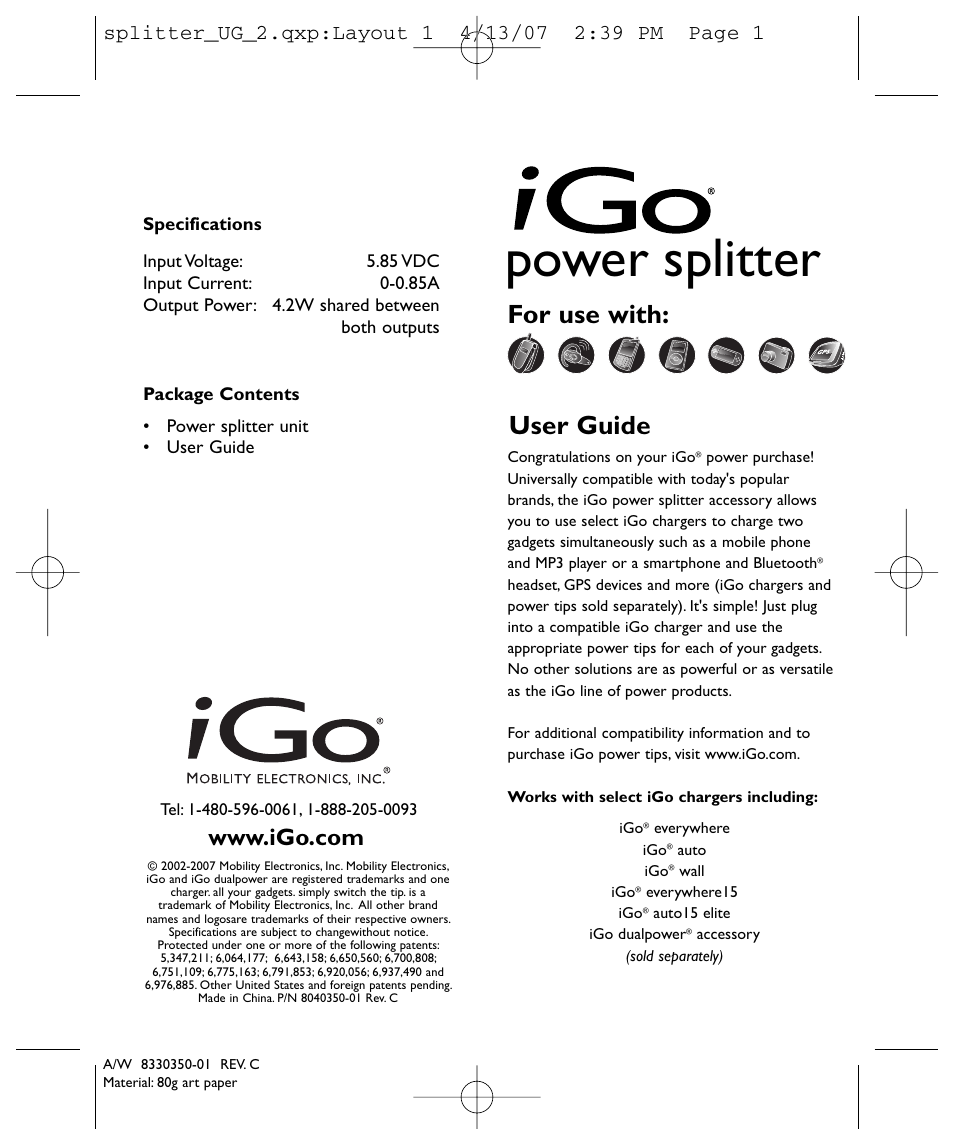 iGo ps002720001 Power Splitter User Manual | 2 pages