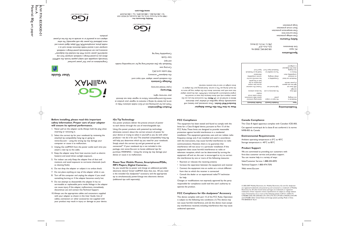 iGo ps001240012 WallMAX Laptop Charger User Manual | 2 pages