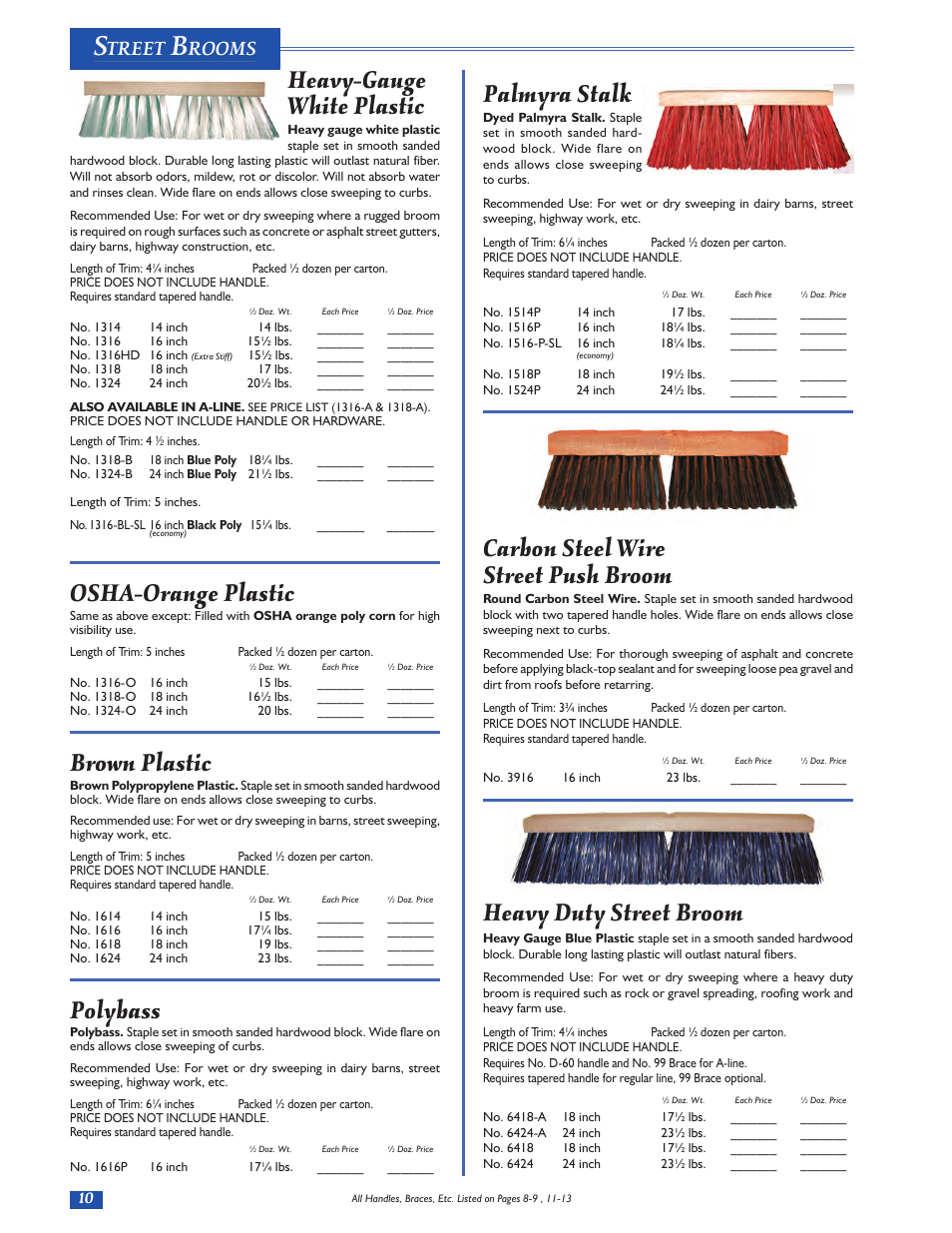 Palmyra stalk, Carbon steel wire street push broom, Heavy duty street broom | Heavy-gauge white plastic, Osha-orange plastic, Brown plastic, Polybass, Treet, Rooms | Magnolia Brush Catalog User Manual | Page 10 / 56