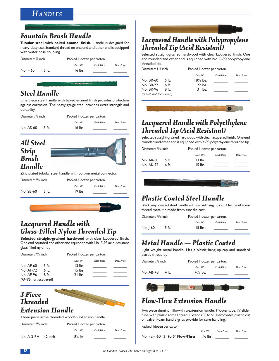 Plastic coated steel handle, Metal handle — plastic coated, Flow-thru extension handle | Fountain brush handle, Steel handle, All steel strip brush handle, 3 piece threaded extension handle, Andles | Magnolia Brush Catalog User Manual | Page 12 / 56