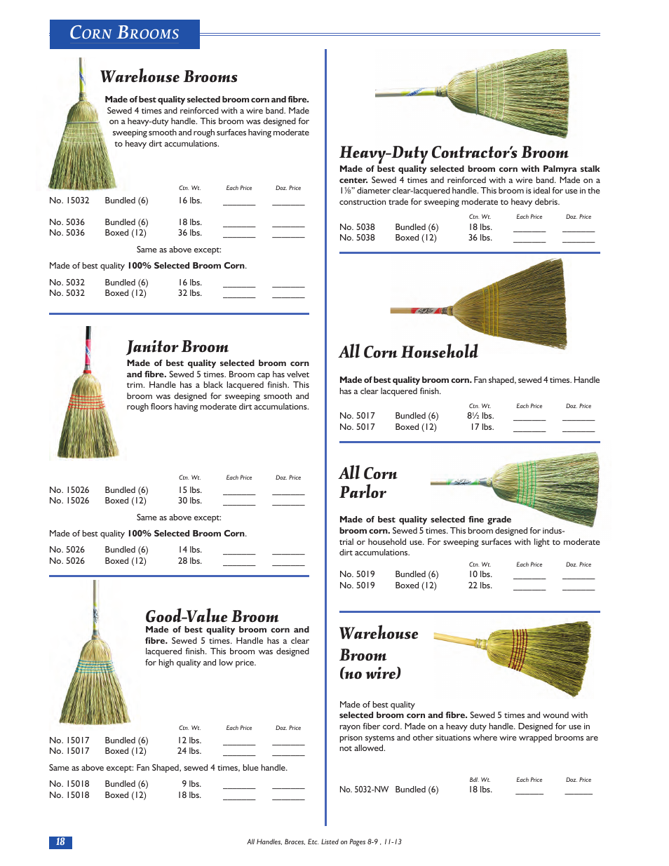 Warehouse brooms, Janitor broom, Good-value broom | Heavy-duty contractor’s broom, All corn household, All corn parlor, Warehouse broom (no wire), Rooms | Magnolia Brush Catalog User Manual | Page 18 / 56