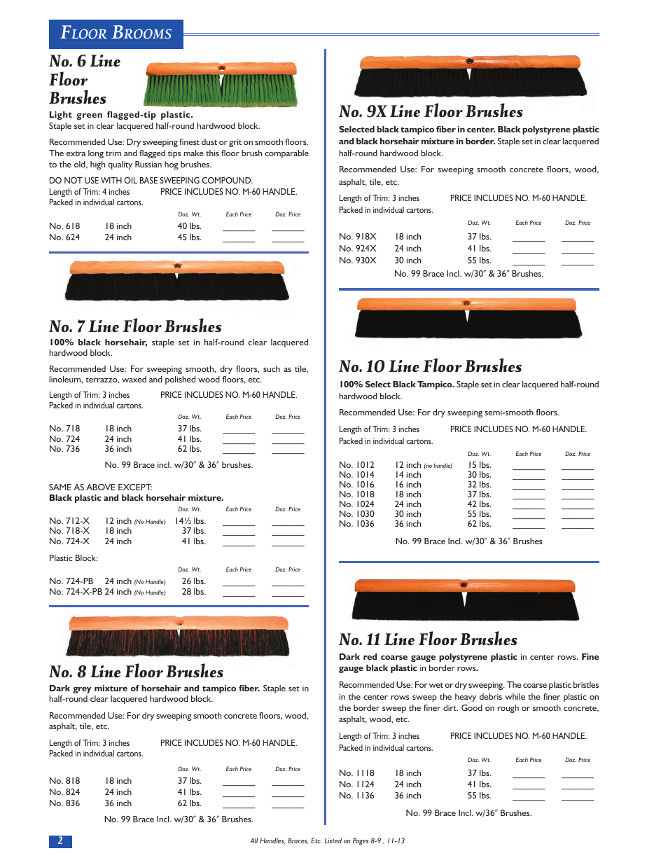 No. 9x line floor brushes, No. 10 line floor brushes, No. 11 line floor brushes | No. 6 line floor brushes, No. 7 line floor brushes, No. 8 line floor brushes, Loor, Rooms | Magnolia Brush Catalog User Manual | Page 2 / 56
