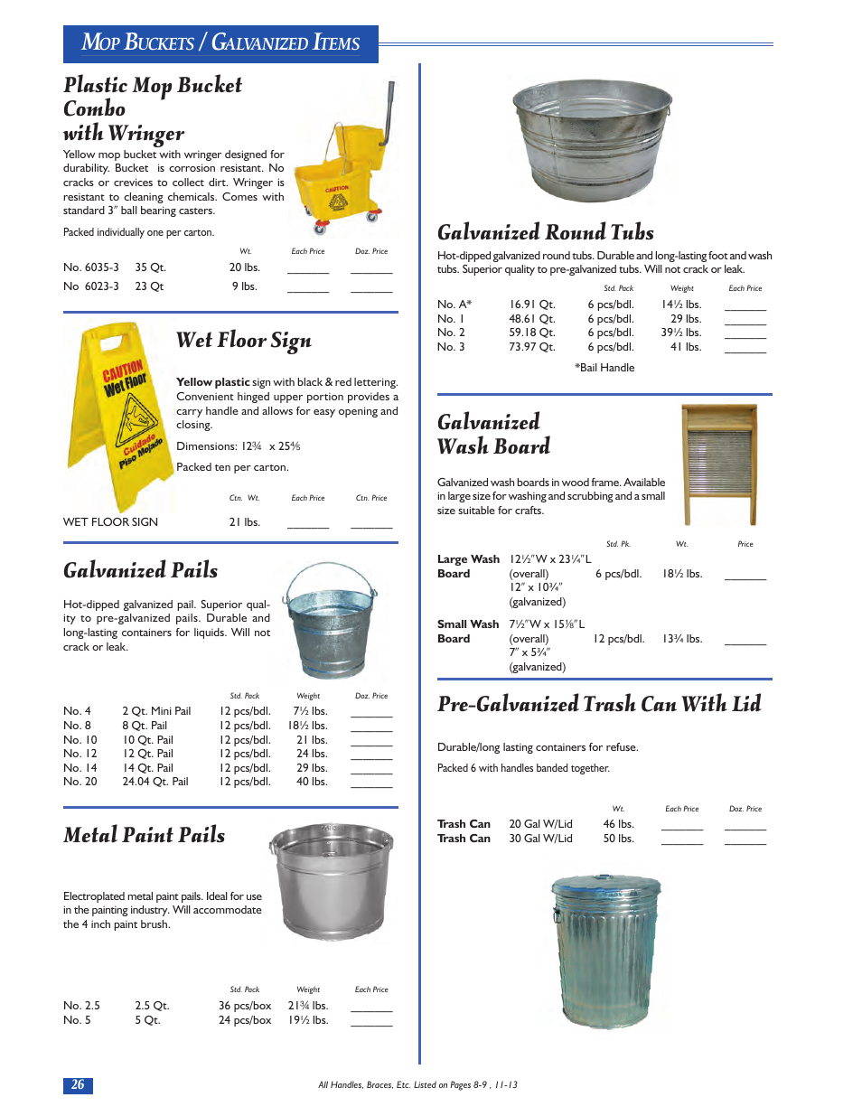 Plastic mop bucket combo with wringer, Wet floor sign, Galvanized pails | Metal paint pails, Galvanized round tubs, Galvanized wash board, Pre-galvanized trash can with lid, Uckets, Alvanized, Tems | Magnolia Brush Catalog User Manual | Page 26 / 56