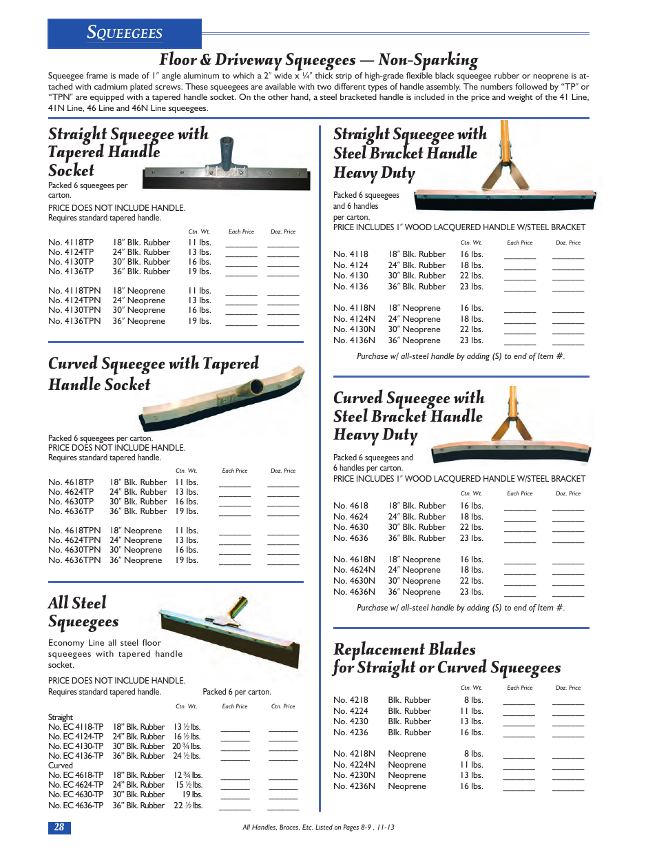 Floor & driveway squeegees — non-sparking, Straight squeegee with tapered handle socket, Curved squeegee with tapered handle socket | All steel squeegees, Queegees | Magnolia Brush Catalog User Manual | Page 28 / 56