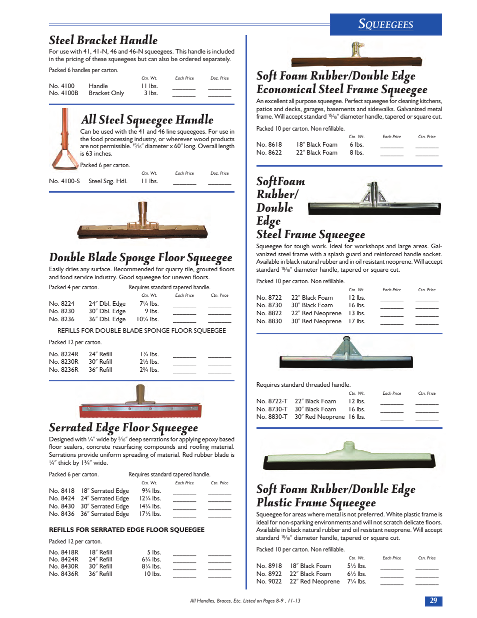 Steel bracket handle, All steel squeegee handle, Double blade sponge floor squeegee | Serrated edge floor squeegee, Softfoam rubber/ double edge steel frame squeegee, Queegees | Magnolia Brush Catalog User Manual | Page 29 / 56