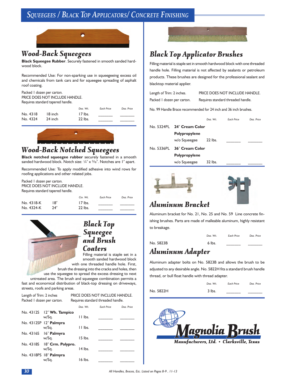 Black top applicator brushes, Aluminum bracket, Aluminum adapter | Wood-back squeegees, Wood-back notched squeegees, Black top squeegee and brush coaters, Queegees, Lack, Pplicators, Oncrete | Magnolia Brush Catalog User Manual | Page 30 / 56