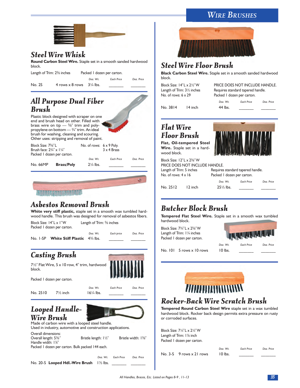 Steel wire floor brush, Flat wire floor brush, Butcher block brush | Rocker-back wire scratch brush, Steel wire whisk, All purpose dual fiber brush, Asbestos removal brush, Casting brush, Looped handle- wire brush, Rushes | Magnolia Brush Catalog User Manual | Page 35 / 56