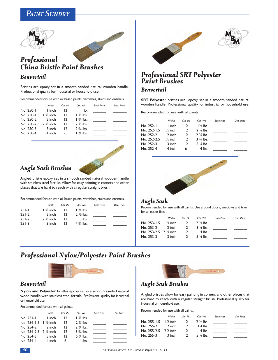 Mb m, Professional china bristle paint brushes, Angle sash brushes | Beavertail, Angle sash, Aint, Undry | Magnolia Brush Catalog User Manual | Page 40 / 56