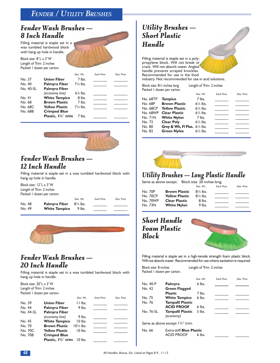 Utility brushes — short plastic handle, Utility brushes — long plastic handle, Short handle foam plastic block | Fender wash brushes — 8 inch handle, Fender wash brushes — 12 inch handle, Fender wash brushes — 20 inch handle, Ender, Tility, Rushes | Magnolia Brush Catalog User Manual | Page 48 / 56