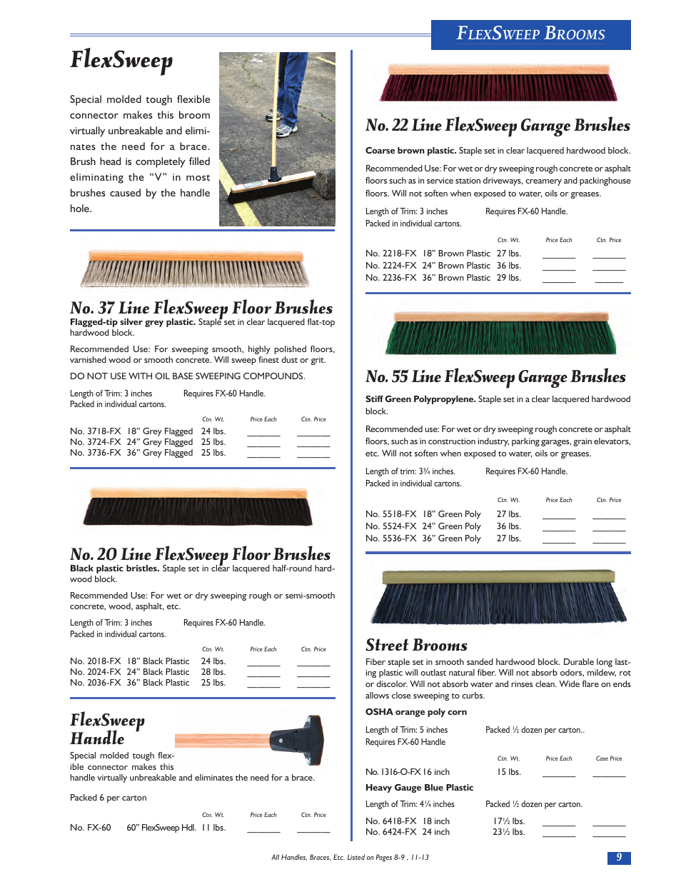 Flexsweep, No. 22 line flexsweep garage brushes, No. 55 line flexsweep garage brushes | Street brooms, No. 37 line flexsweep floor brushes, No. 20 line flexsweep floor brushes, Flexsweep handle, Weep, Rooms | Magnolia Brush Catalog User Manual | Page 9 / 56