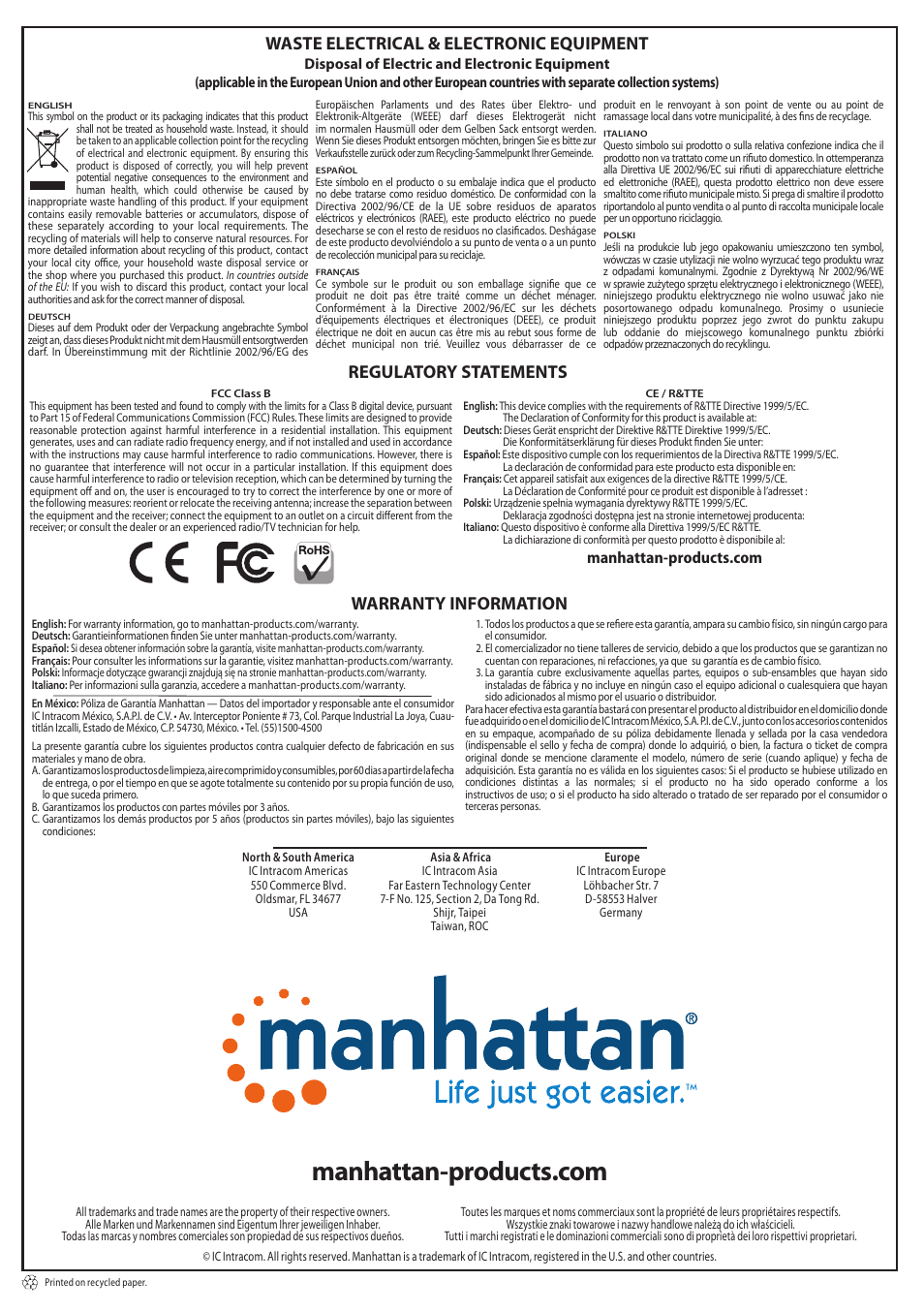 Waste electrical & electronic equipment, Regulatory statements, Warranty information | Manhattan 158169 Serial PCI Express Card - Quick Install (Multi) User Manual | Page 2 / 2