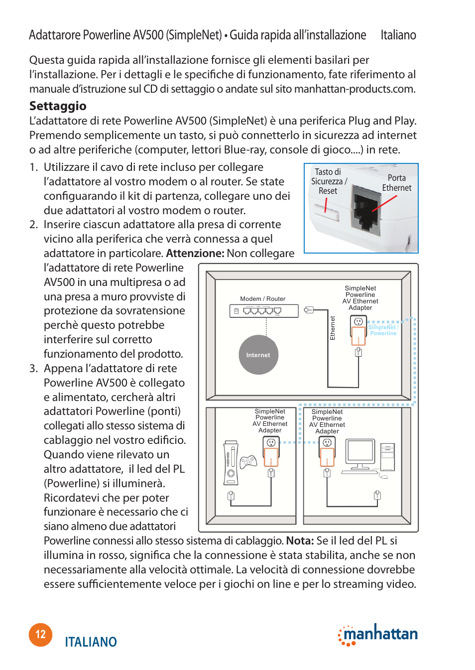 Italiano, Settaggio | Manhattan 506663 SimpleNet - Quick Install (Multi) User Manual | Page 12 / 16
