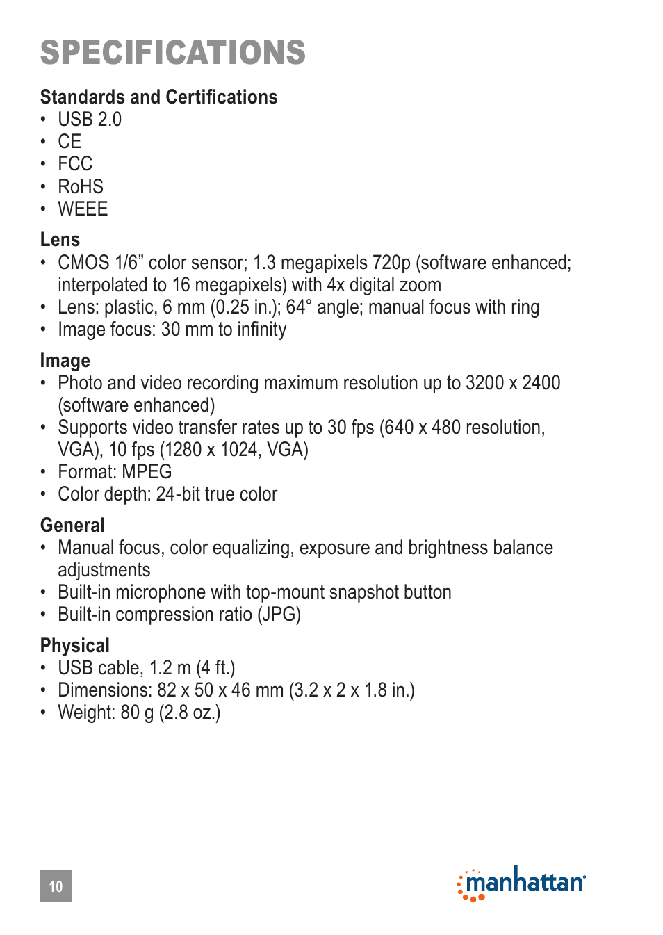 Specifications | Manhattan 460521 HD Webcam 760 Pro XL User Manual | Page 10 / 11