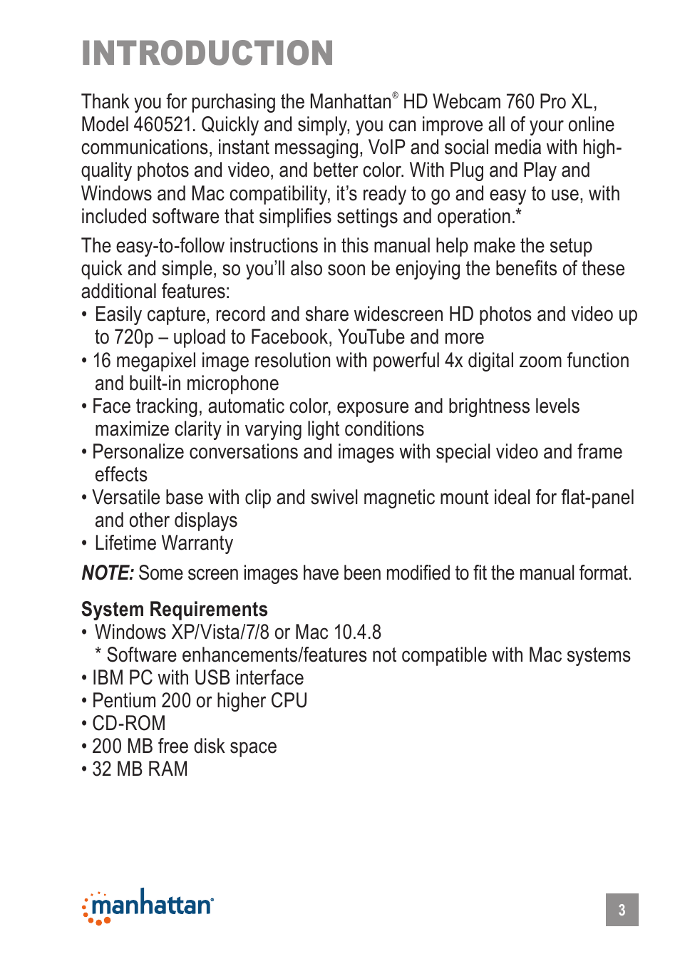 Introduction | Manhattan 460521 HD Webcam 760 Pro XL User Manual | Page 3 / 11