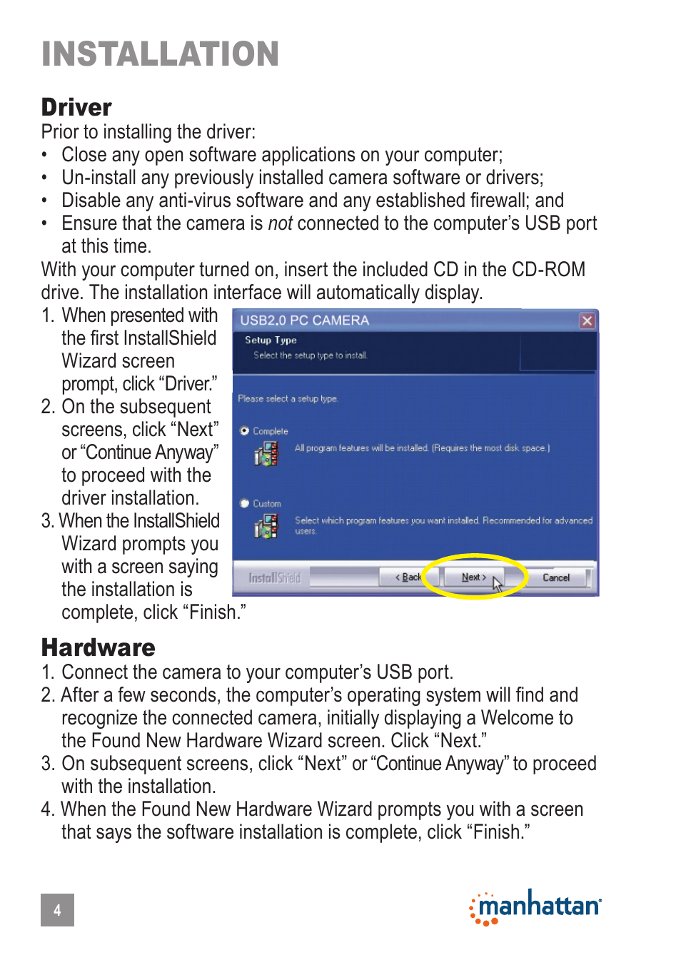 Installation, Driver, Hardware | Manhattan 460521 HD Webcam 760 Pro XL User Manual | Page 4 / 11