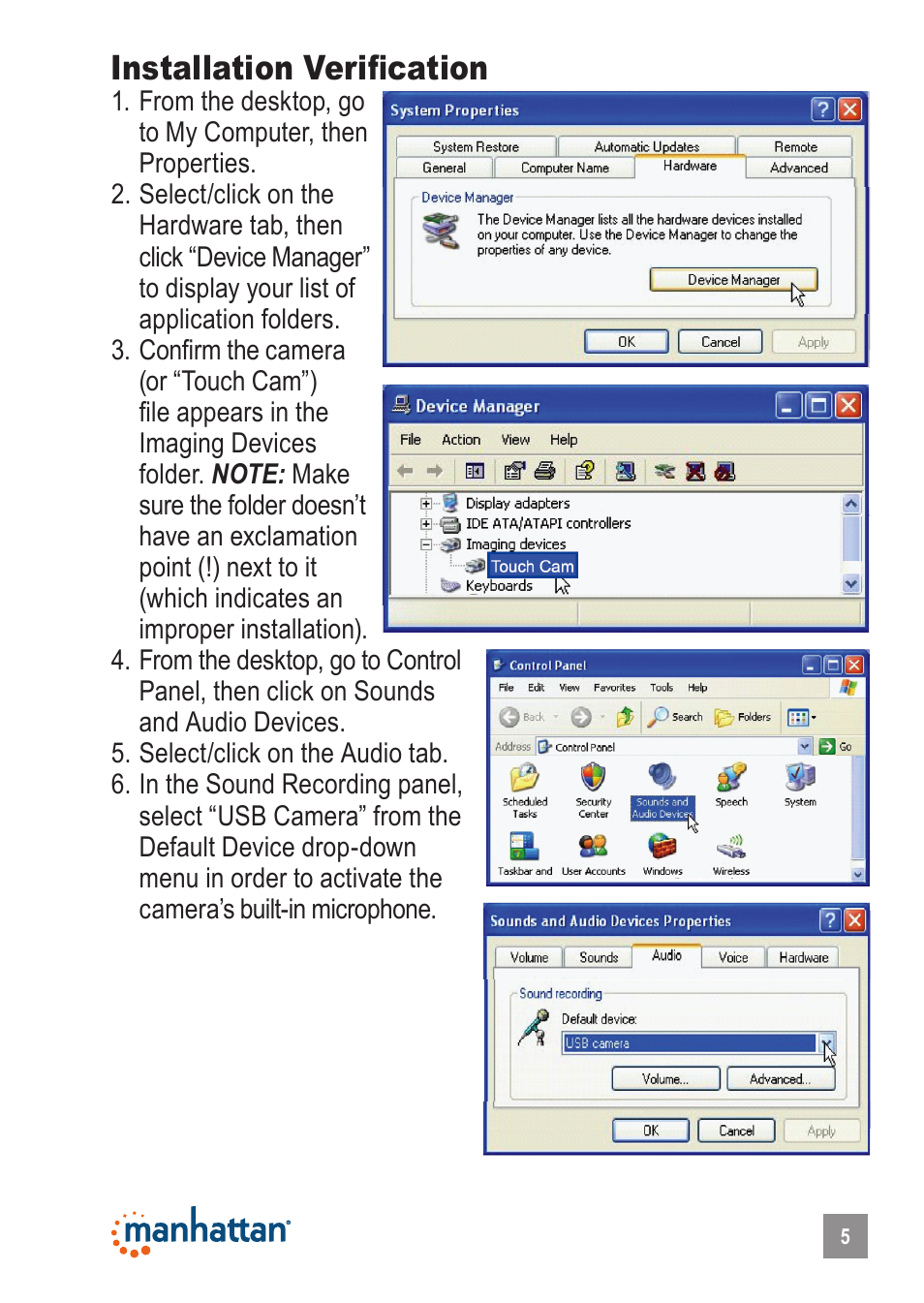 Installation verification | Manhattan 460521 HD Webcam 760 Pro XL User Manual | Page 5 / 11