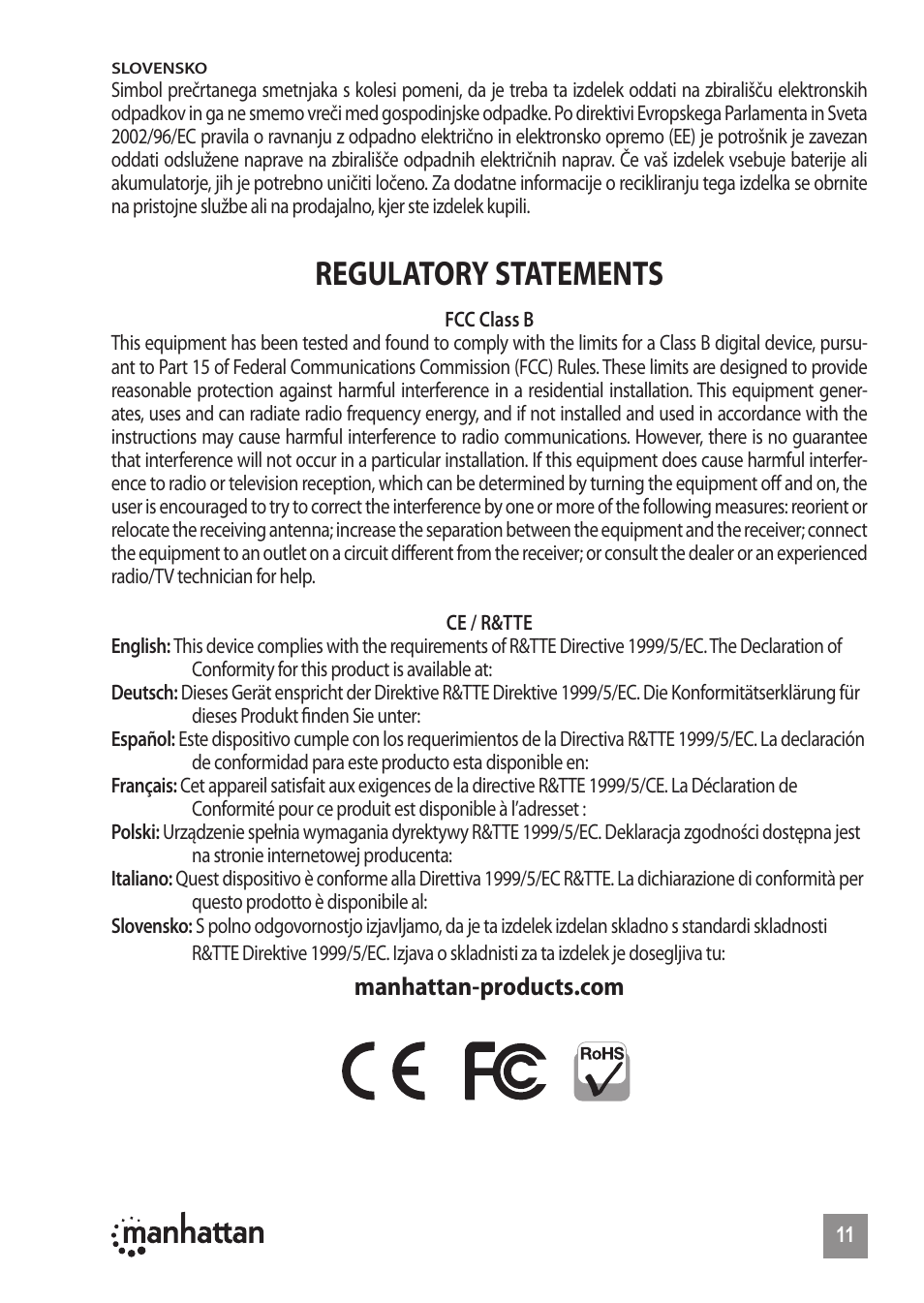 Regulatory statements | Manhattan 150095 PC TV Converter - Manual (Multi) User Manual | Page 11 / 12