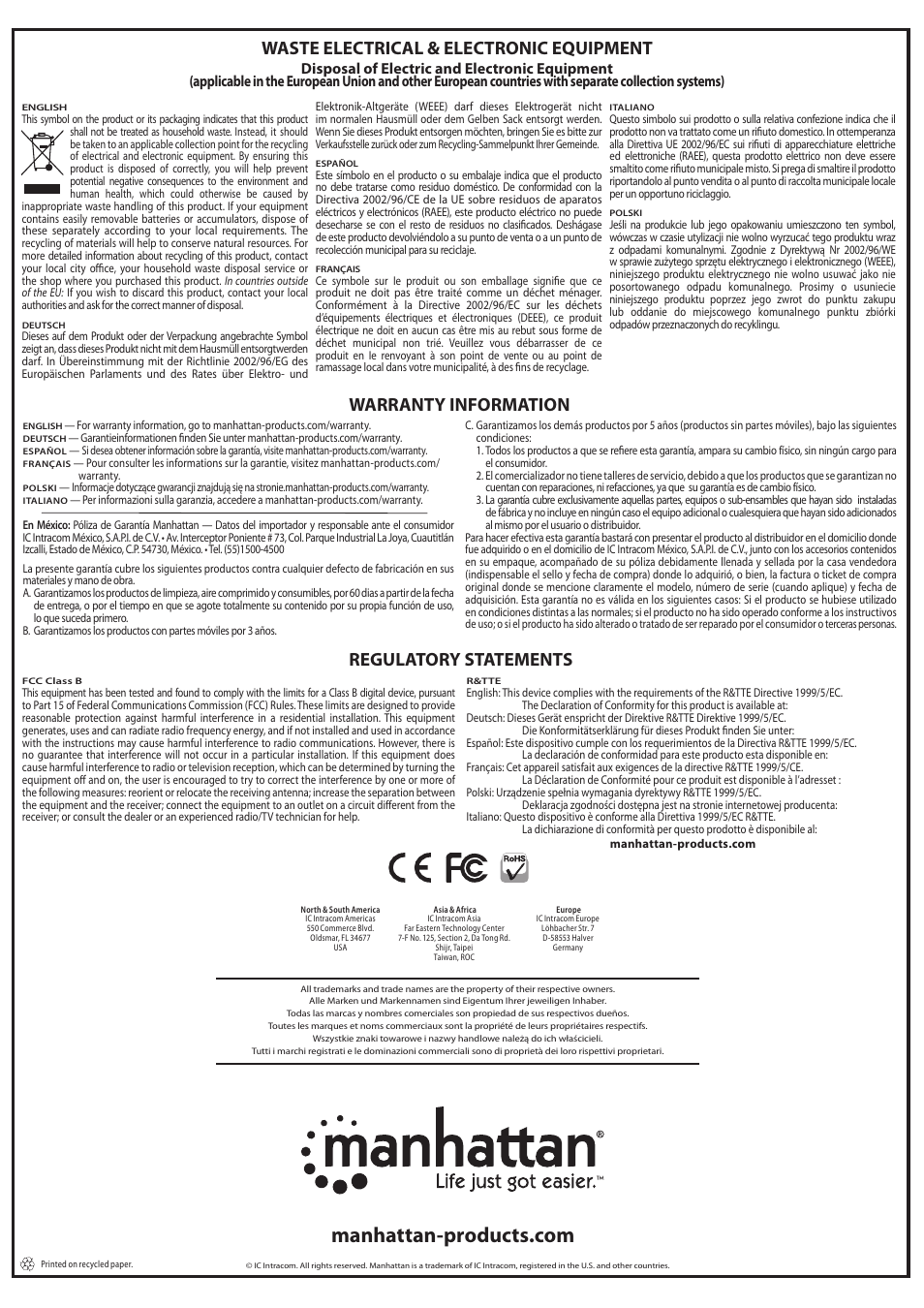 Waste electrical & electronic equipment, Regulatory statements, Warranty information | Manhattan 130349 Drive Enclosure - Quick Install (Multi) User Manual | Page 2 / 2