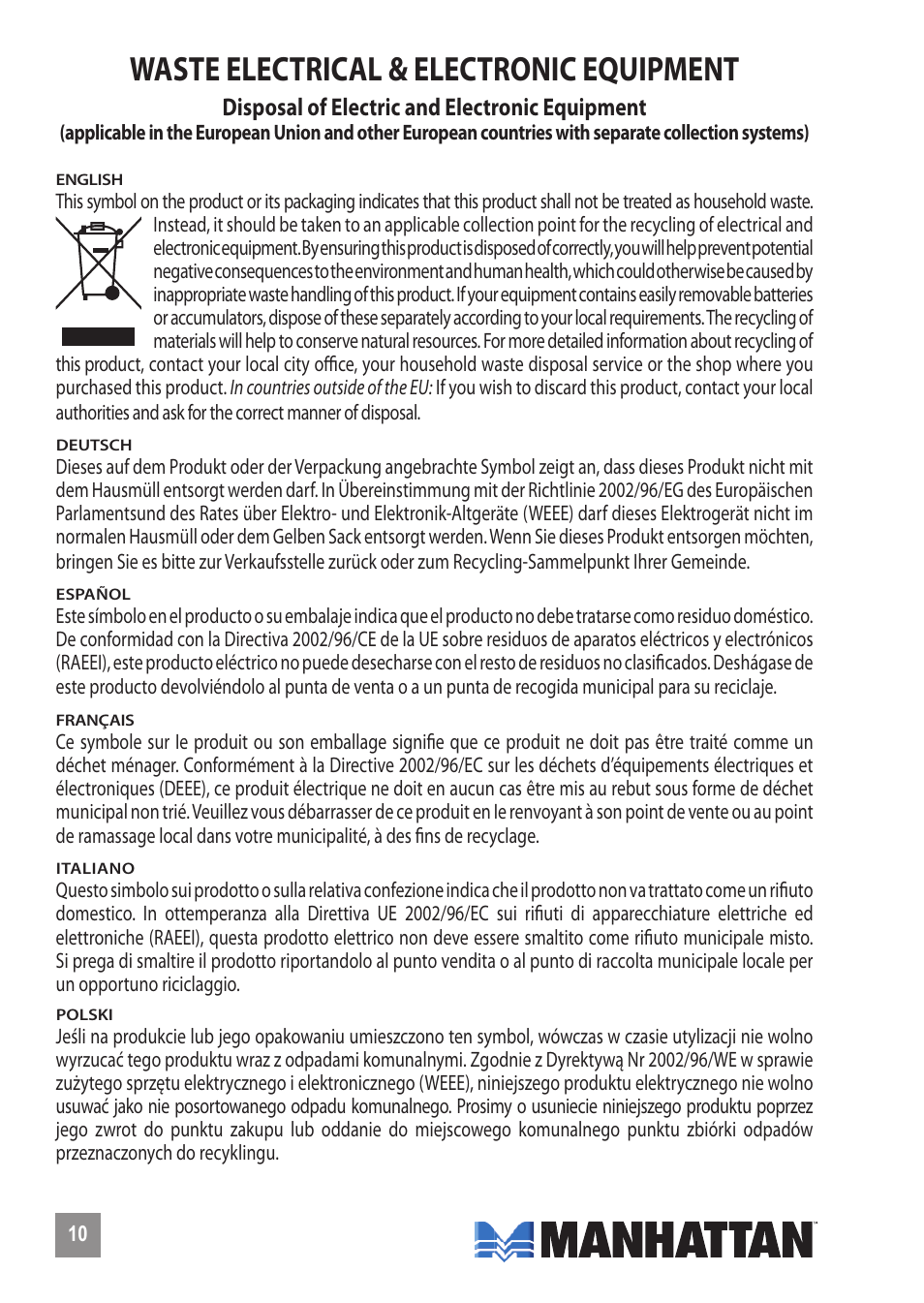 Waste electrical & electronic equipment | Manhattan 161169 Hi-Speed USB Pocket Hub - Manual (Multi) User Manual | Page 10 / 12