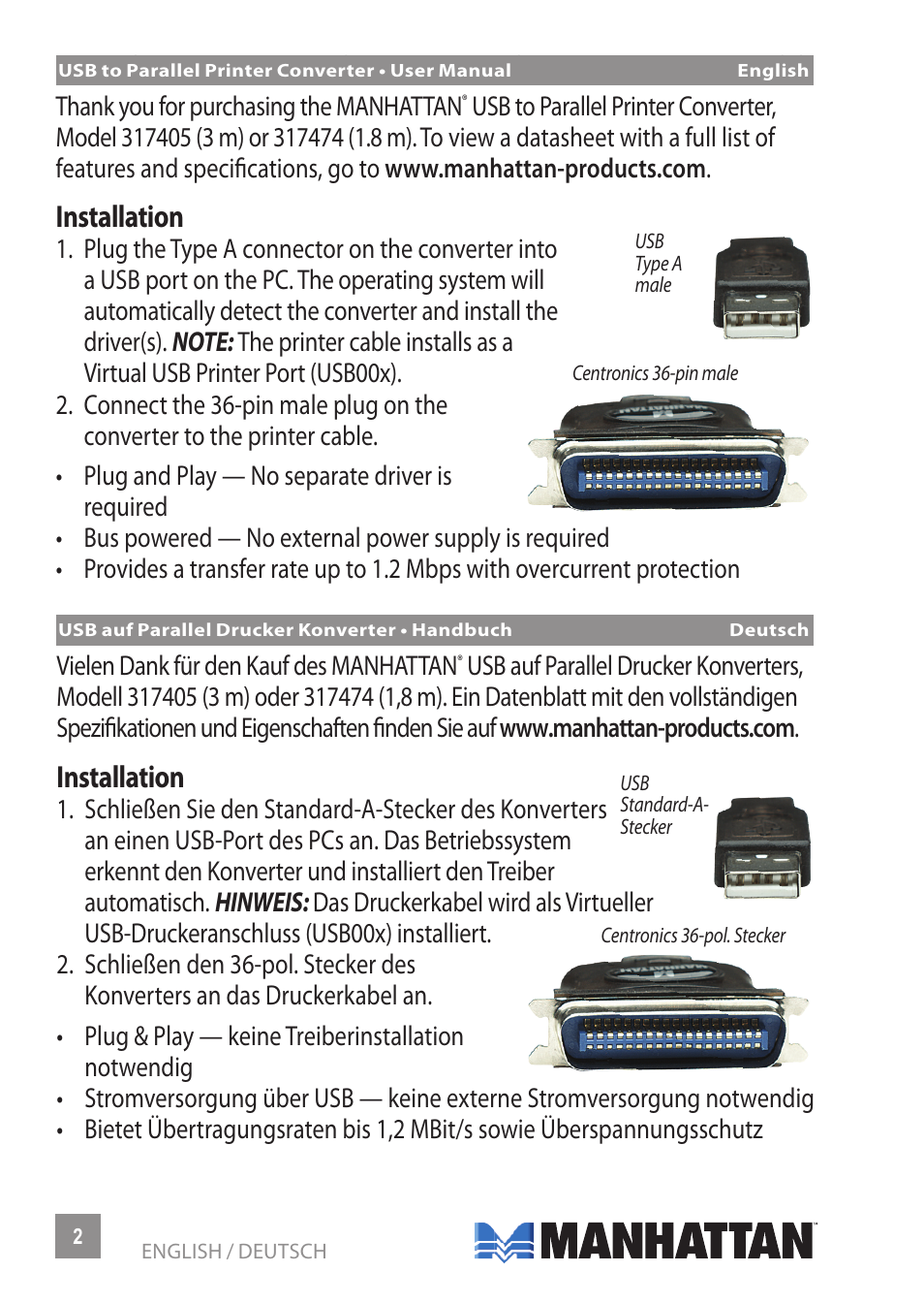 Installation | Manhattan 317474 USB to Parallel Printer Converter - Manual (Multi) User Manual | Page 2 / 8