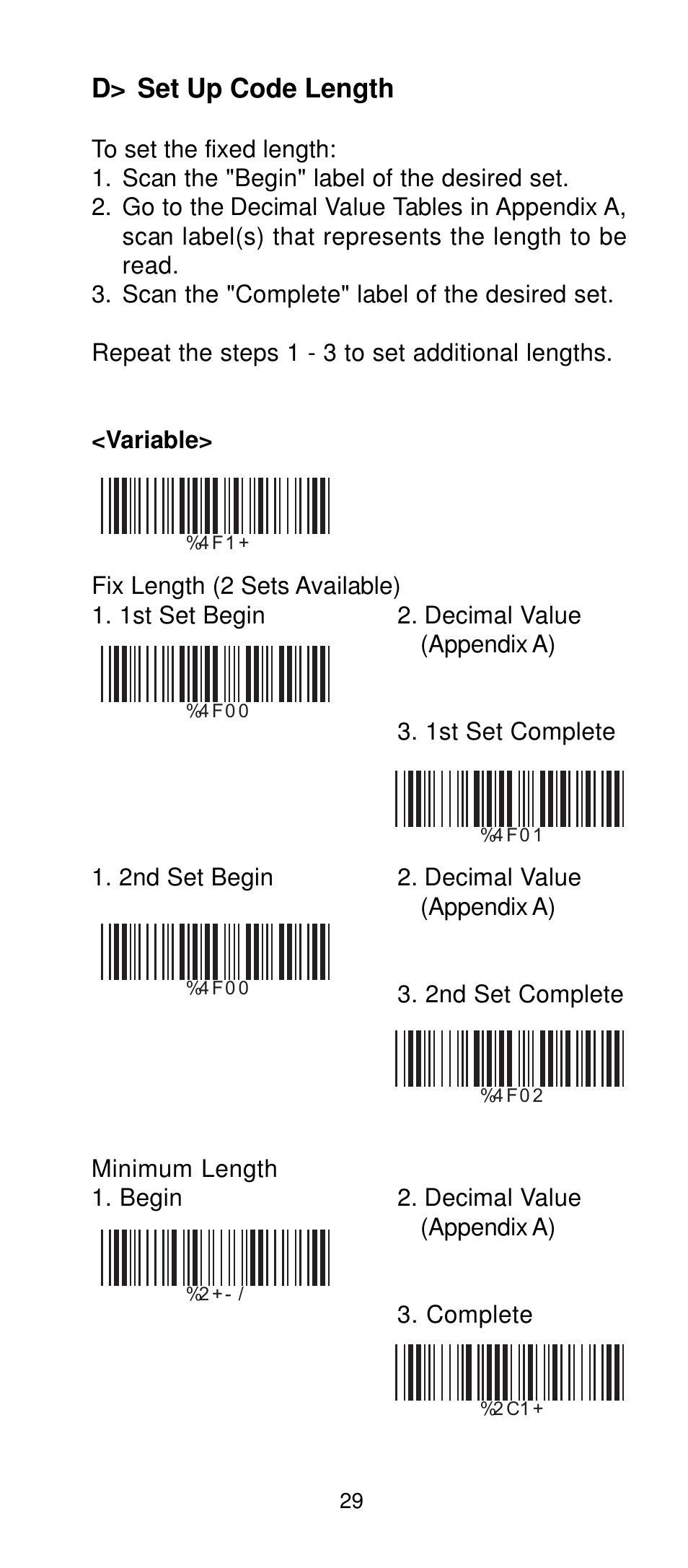 D> set up code length | Manhattan 401517 Contact CCD Barcode Scanner - Programming Manual User Manual | Page 32 / 80
