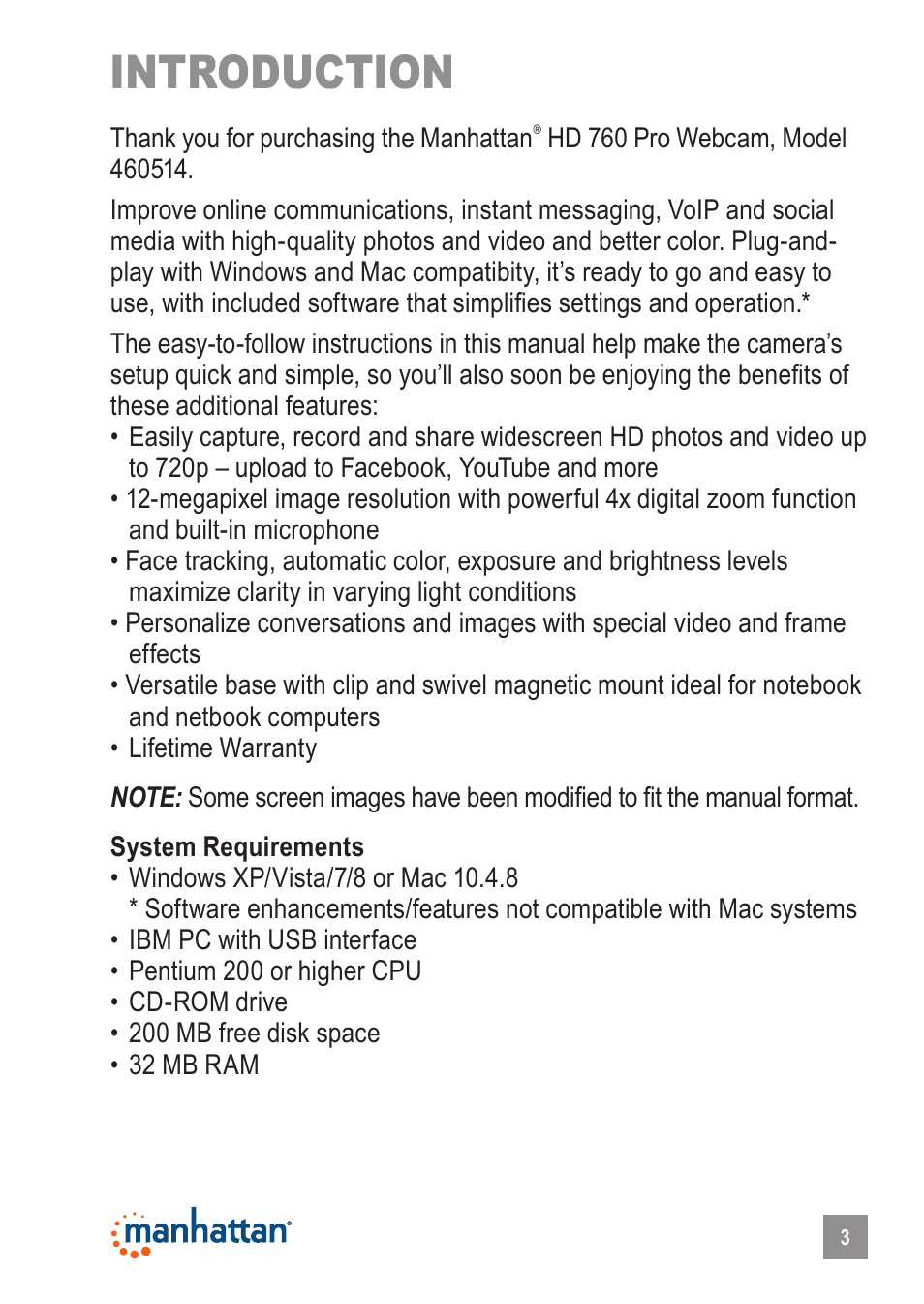 Introduction | Manhattan 460514 HD 760 Pro Webcam - Manual User Manual | Page 3 / 11