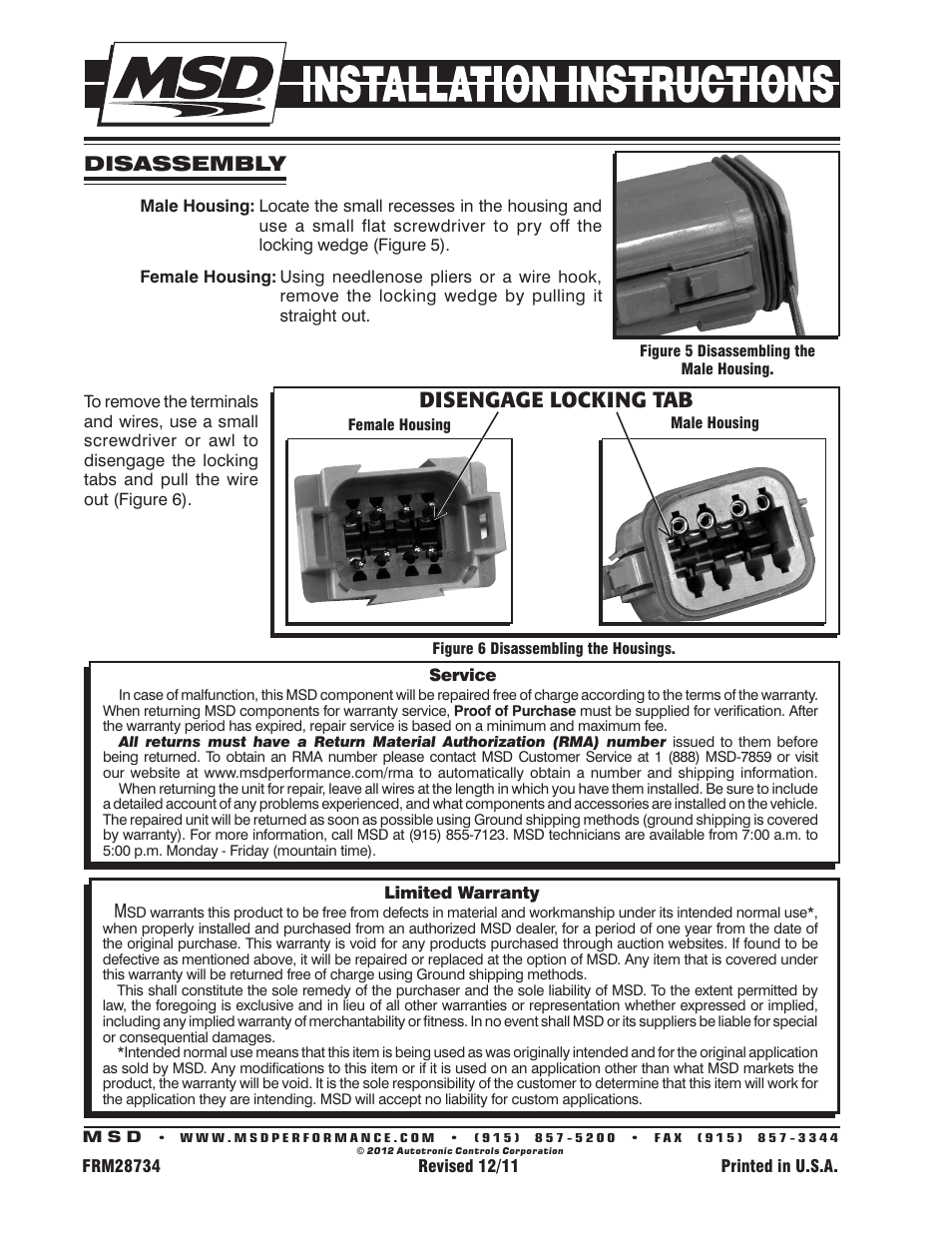 Disengage locking tab, Disassembly | MSD 8187 4-Pin Deutsch Connector, 12-14 gauge Installation User Manual | Page 2 / 2