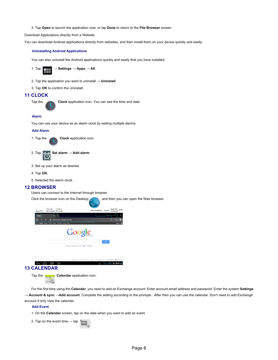 11 clock, 12 browser, 13 calendar | Page 6 | Naxa NID-7007 User Manual | Page 7 / 15