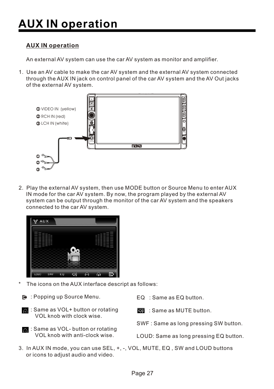 页 28, Aux in operation, Page 27 | Video in (yellow) rch in (red) lch in (white) | Naxa NCD-730 User Manual | Page 28 / 31