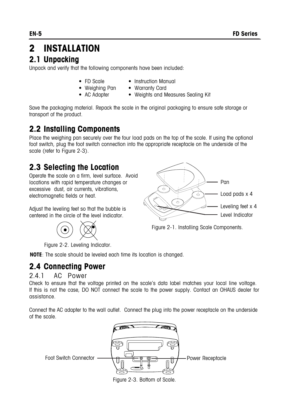 2 installation, 1 unpacking, 2 installing components | 3 selecting the location, 4 connecting power | Ohaus FD Series STAINLESS STEEL COMPACT SCALES Manual multi User Manual | Page 11 / 88
