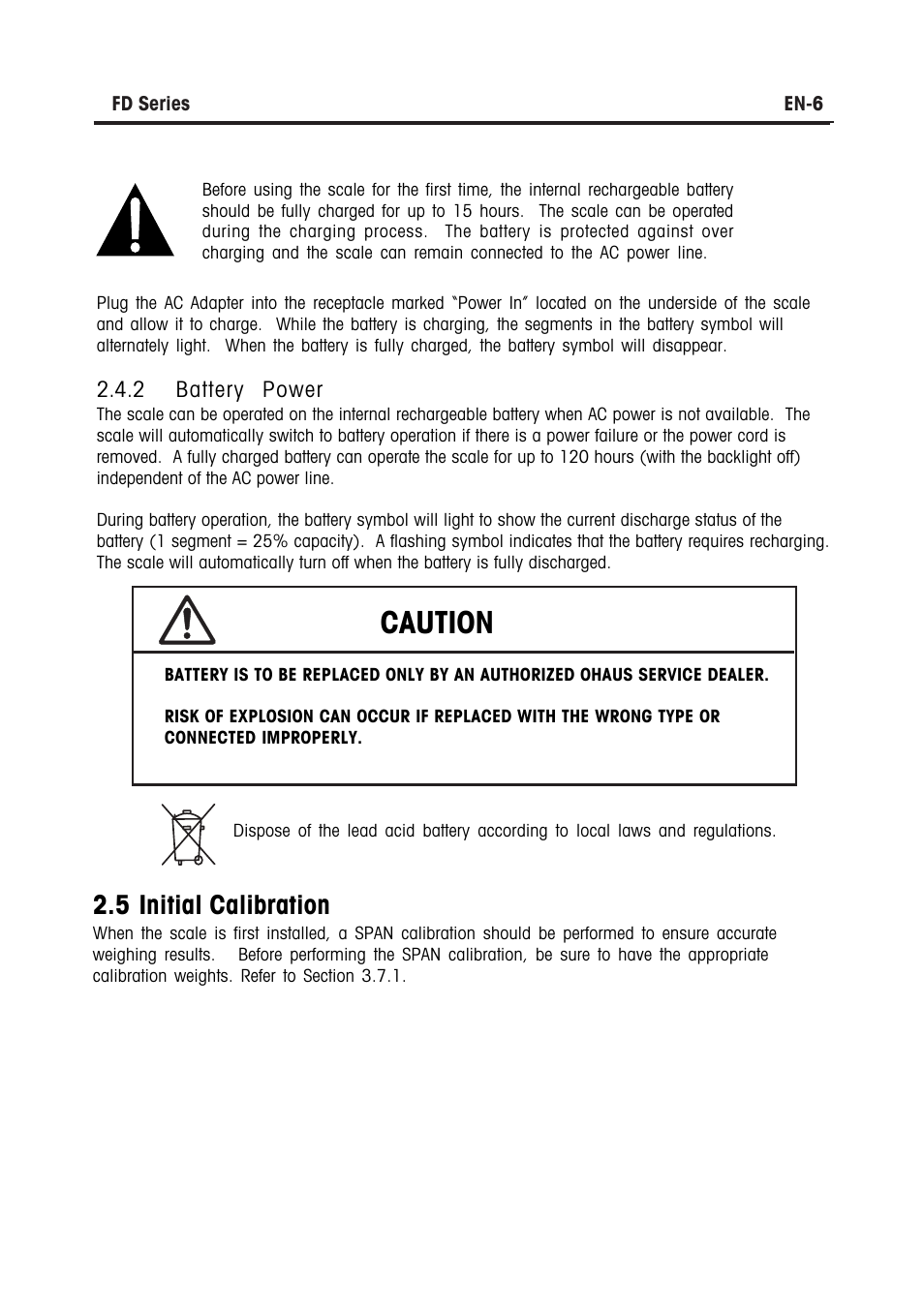 Caution, 5 initial calibration | Ohaus FD Series STAINLESS STEEL COMPACT SCALES Manual multi User Manual | Page 12 / 88