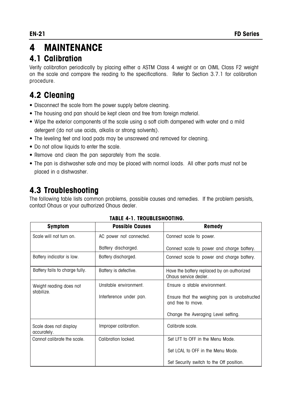 4 maintenance, 1 calibration, 2 cleaning | 3 troubleshooting | Ohaus FD Series STAINLESS STEEL COMPACT SCALES Manual multi User Manual | Page 27 / 88