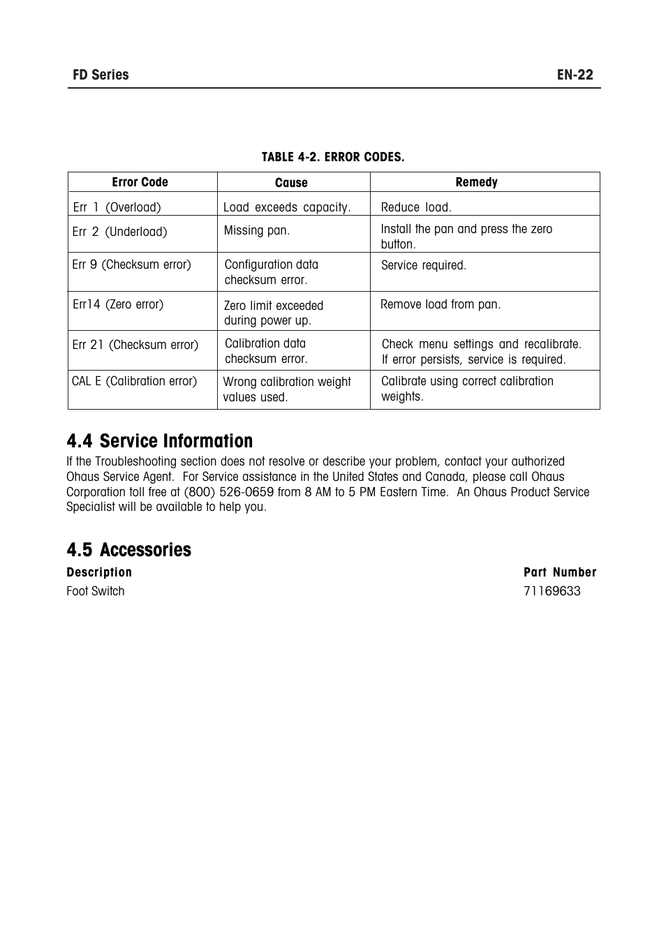 4 service information, 5 accessories | Ohaus FD Series STAINLESS STEEL COMPACT SCALES Manual multi User Manual | Page 28 / 88