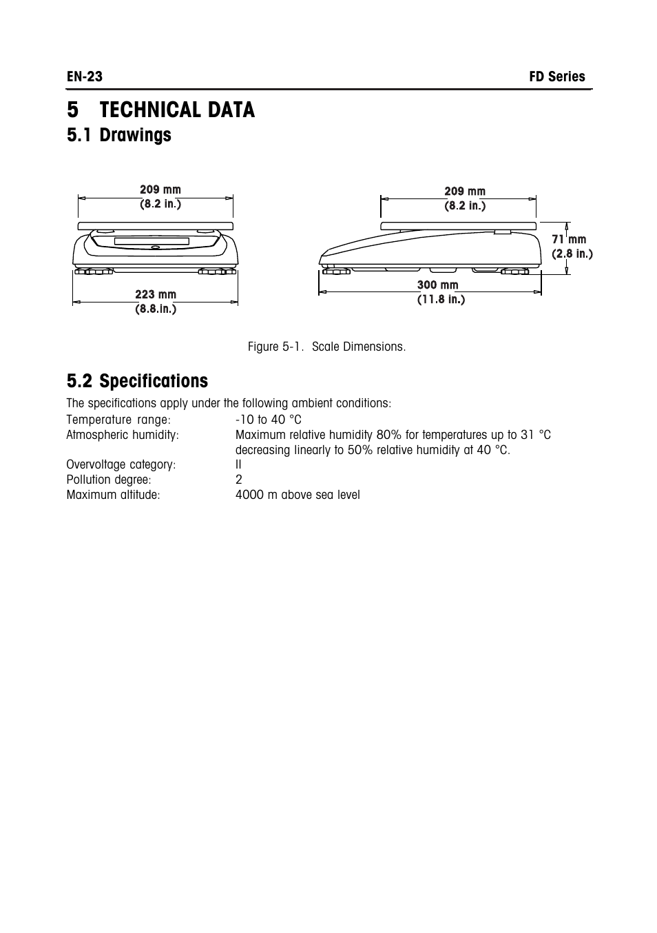 5 technical data, 1 drawings, 2 specifications | Ohaus FD Series STAINLESS STEEL COMPACT SCALES Manual multi User Manual | Page 29 / 88
